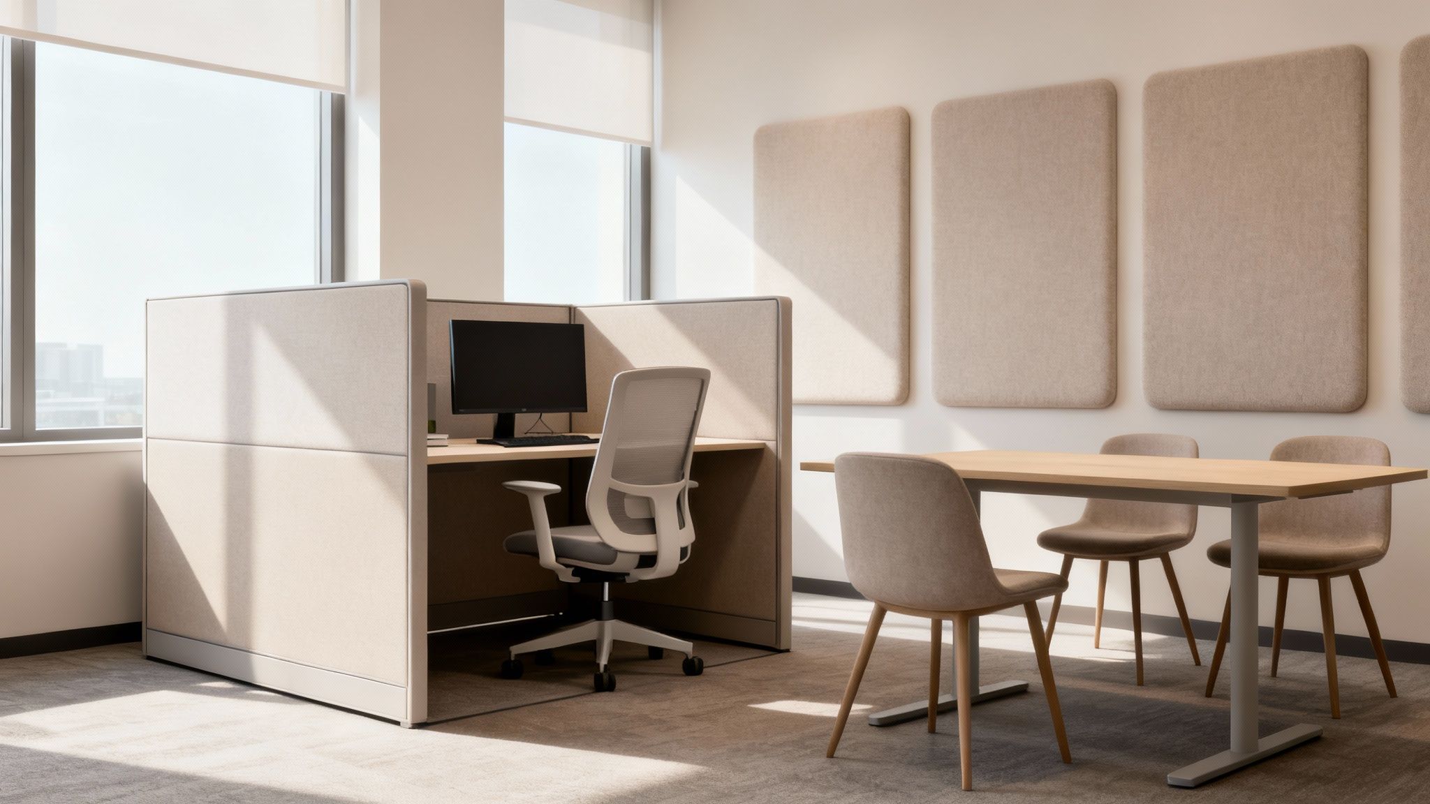 A modern, well-lit office with ergonomic chairs, workstation cubicles, and acoustic panels, designed to reduce employee turnover by improving well-being.