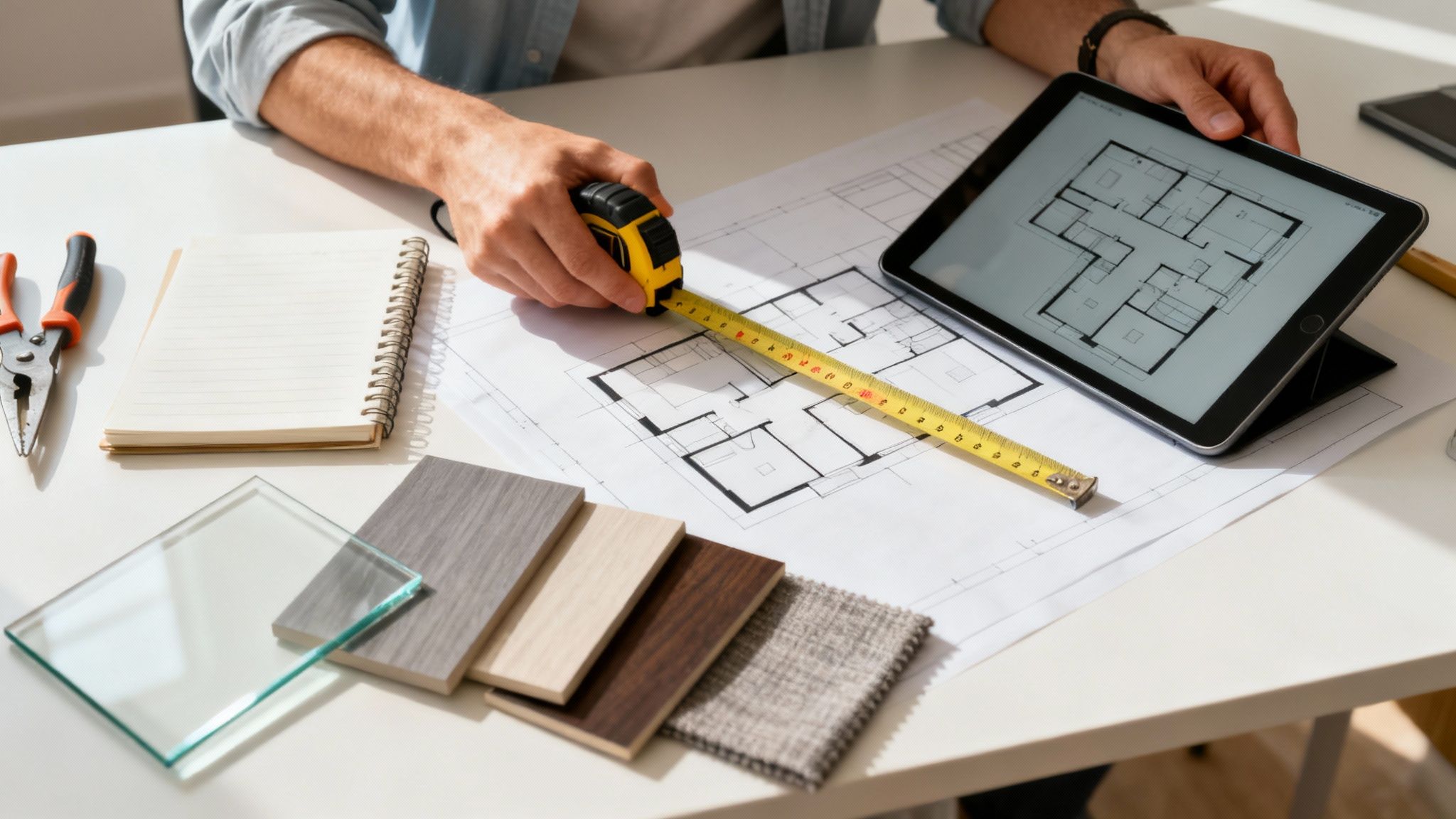 A person sketching a floor plan for a temporary office wall installation on a blueprint.