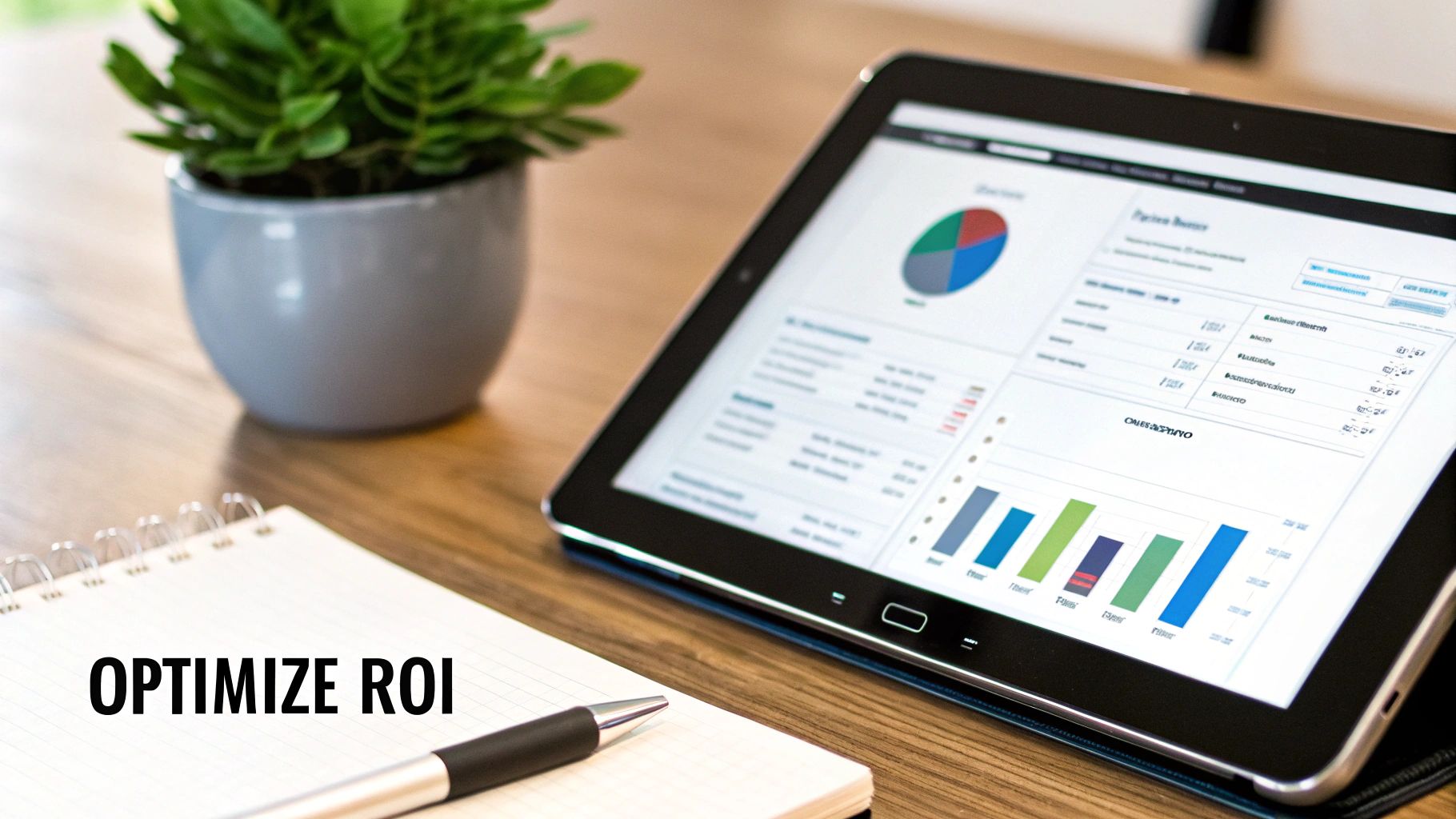 A tablet displays financial analytics and ROI charts, alongside a notebook with 'OPTIMIZE ROI' text and a pen. This shows a core part of how to calculate marketing ROI.