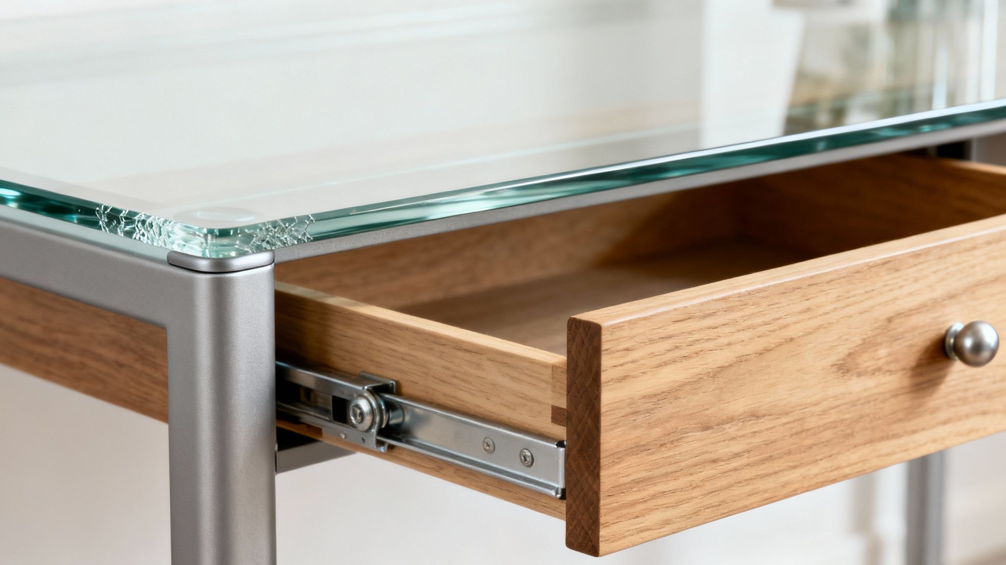 Modern glass top desk with an open wooden drawer showing metal glide hardware and sleek design.