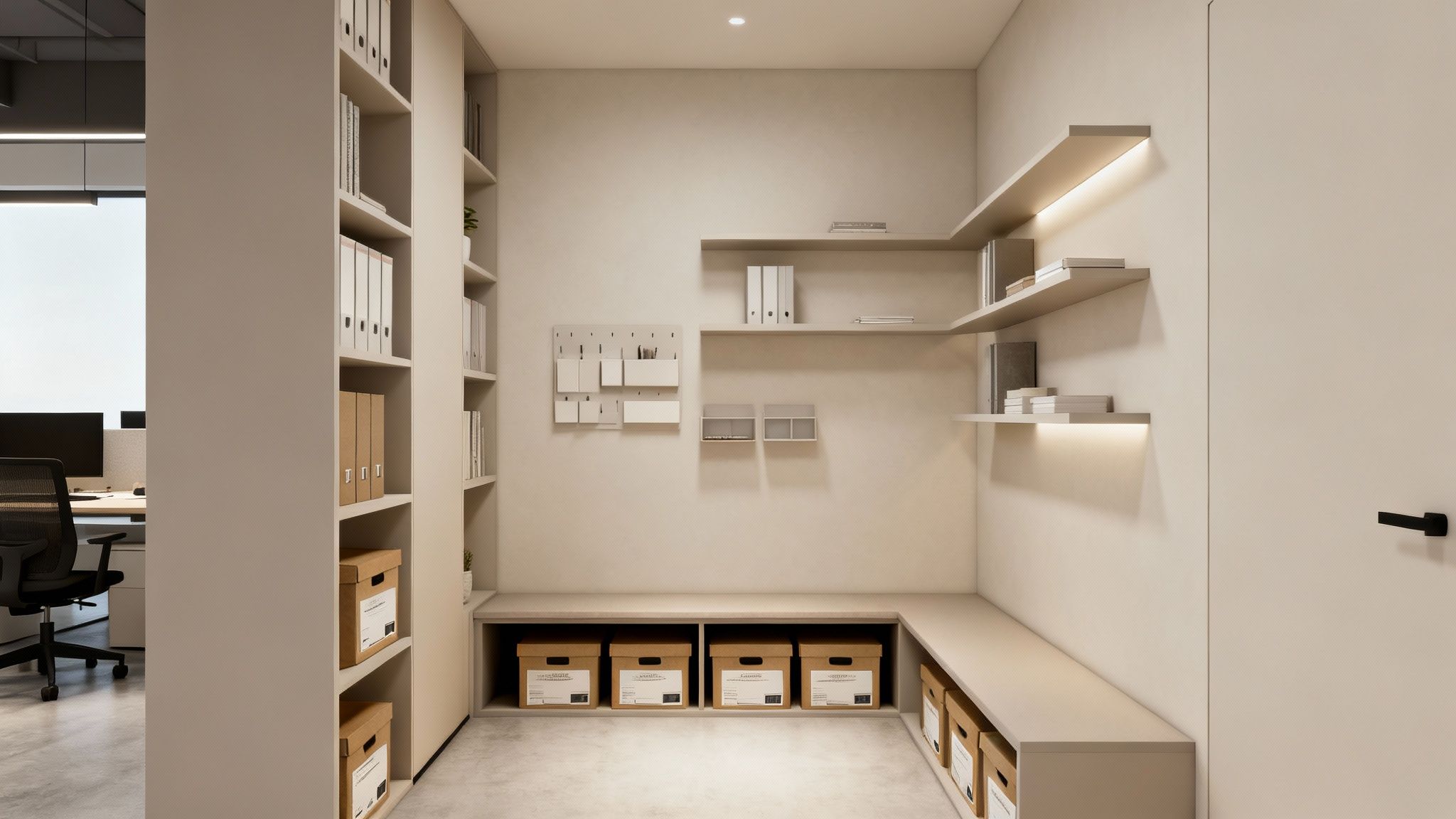 A minimalist office storage room with shelves, document boxes, and a doorway to another workspace.