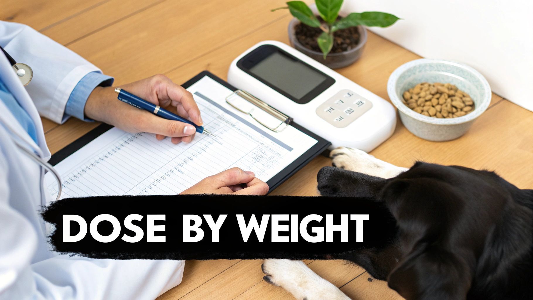A vet calculates medicine dosage for a dog, with a scale and dog food nearby, text reads DOSE BY WEIGHT.