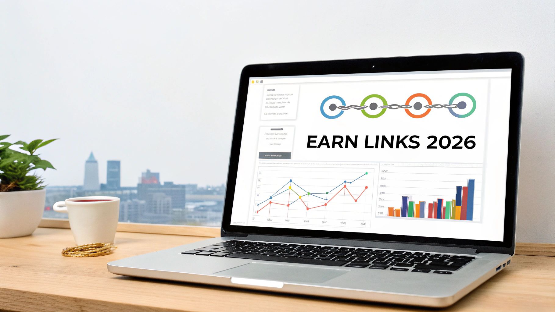 A laptop displays 'EARN LINKS 2026' with charts, a chain graphic, on a desk with coffee and city view, illustrating a link earning strategy.