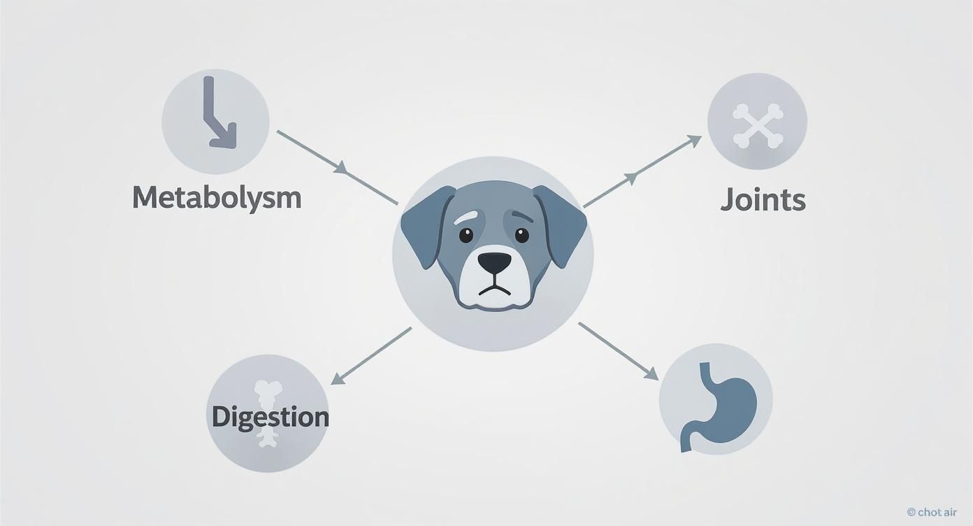 Diagram illustrating a sad dog surrounded by common health concerns like metabolism, joints, and digestion.