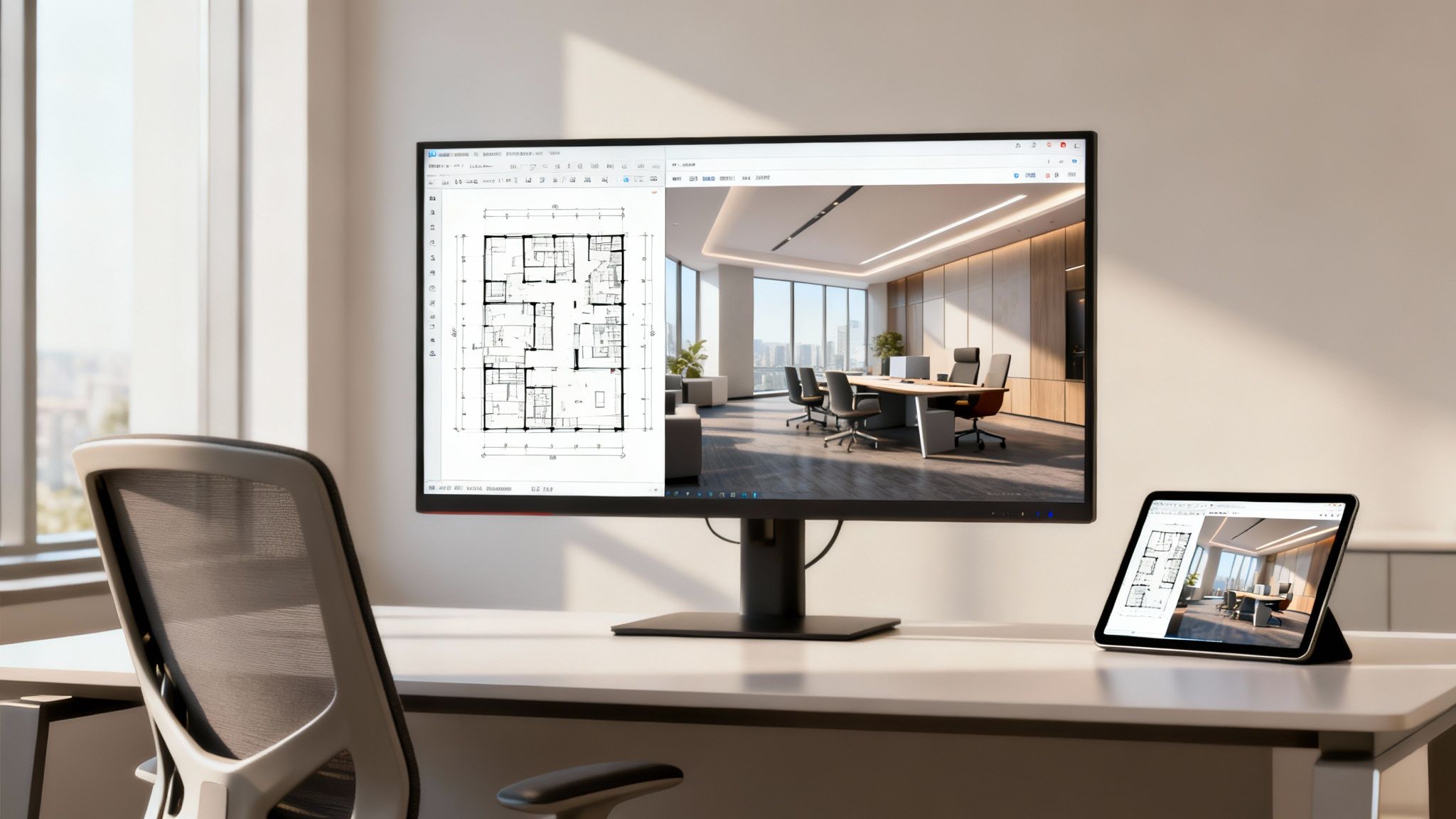 A monitor and a tablet display architectural floor plans and a modern office interior design concept for an office space planning service.