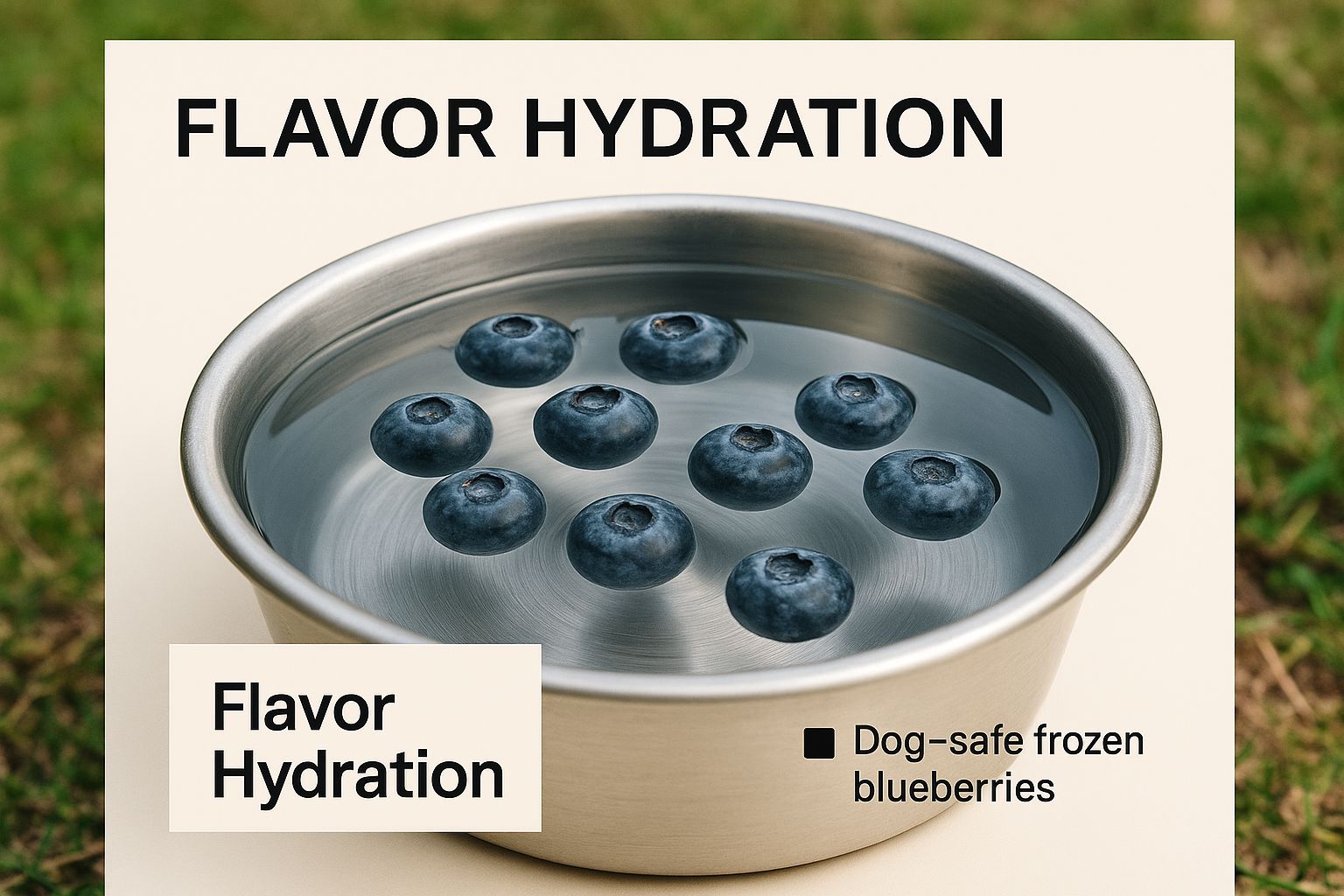 Infographic showing frozen blueberries floating in a dog's water bowl with text that says 'Flavor Hydration'.