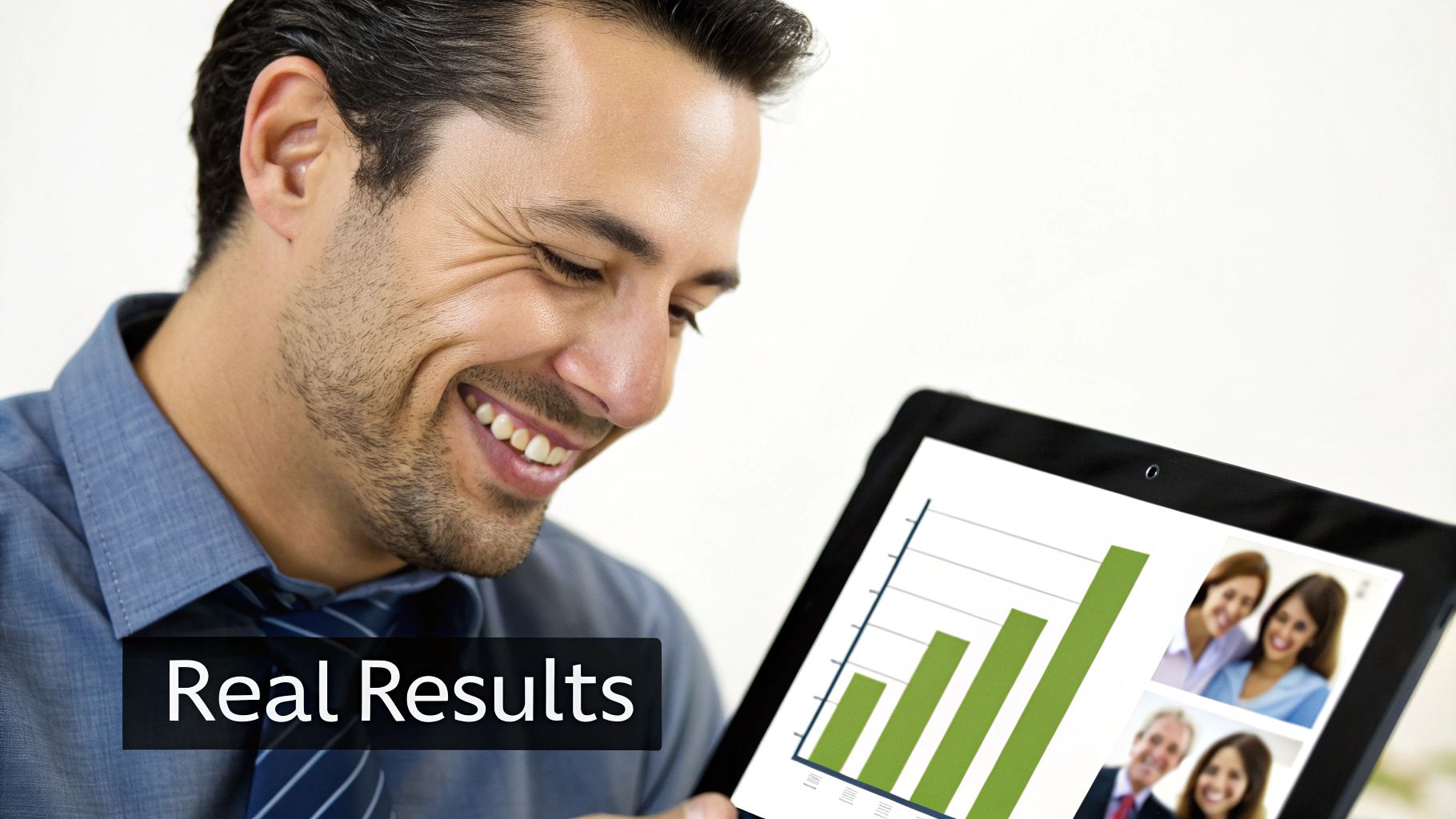 A business owner smiling at a tablet showing real results from local SEO services.
