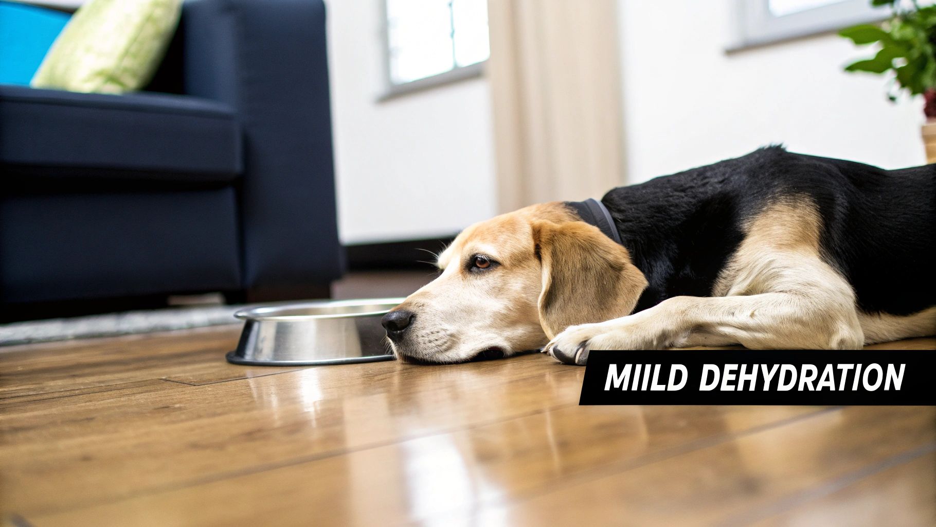 A sad and lethargic beagle dog lying on a wooden floor next to an empty water bowl, with a "MILD DEHYDRATION" text overlay.