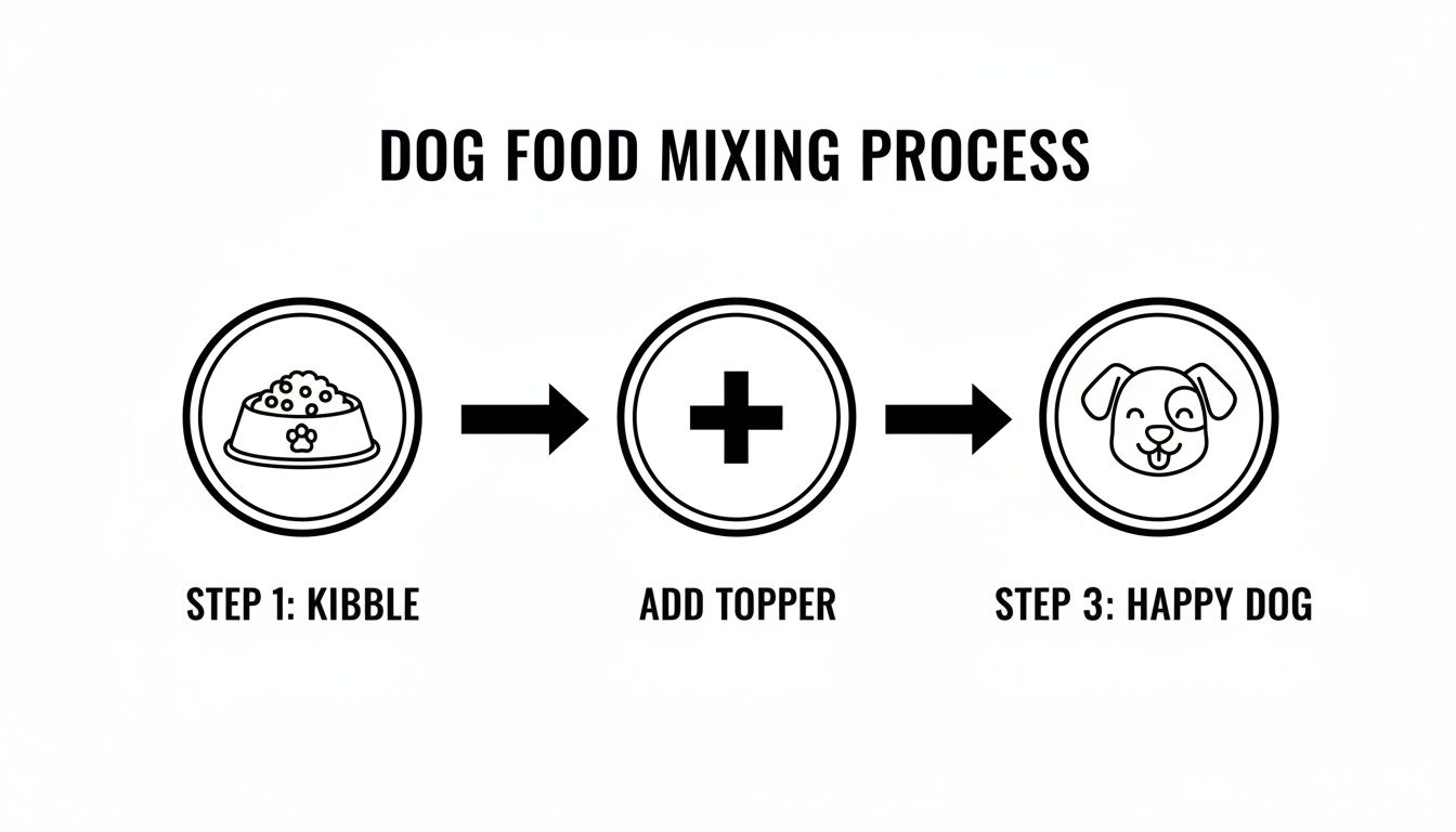 A visual guide illustrating the three steps of mixing dog food: kibble, adding a topper, and a happy dog.