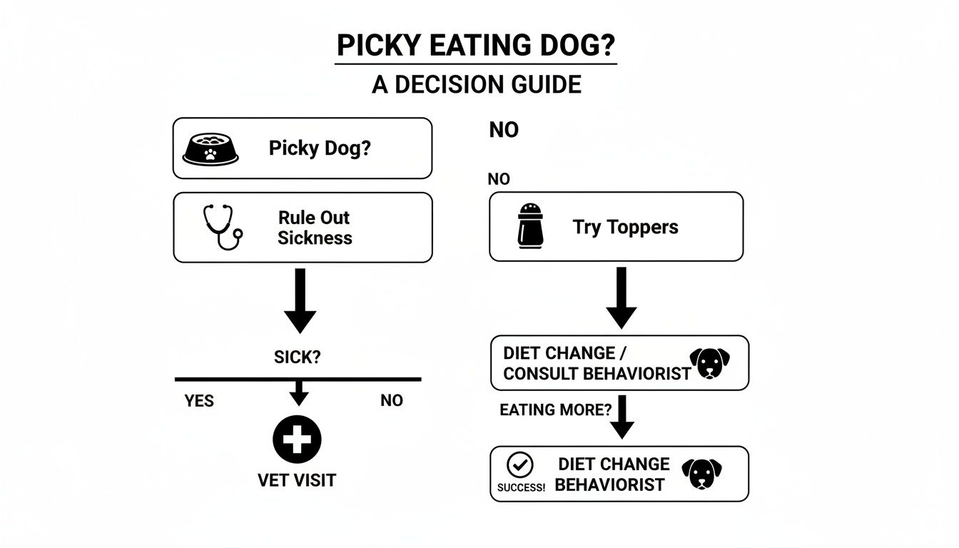 A flowchart decision guide for owners of picky eating dogs, detailing steps from health checks to diet changes and behavioral consultations.