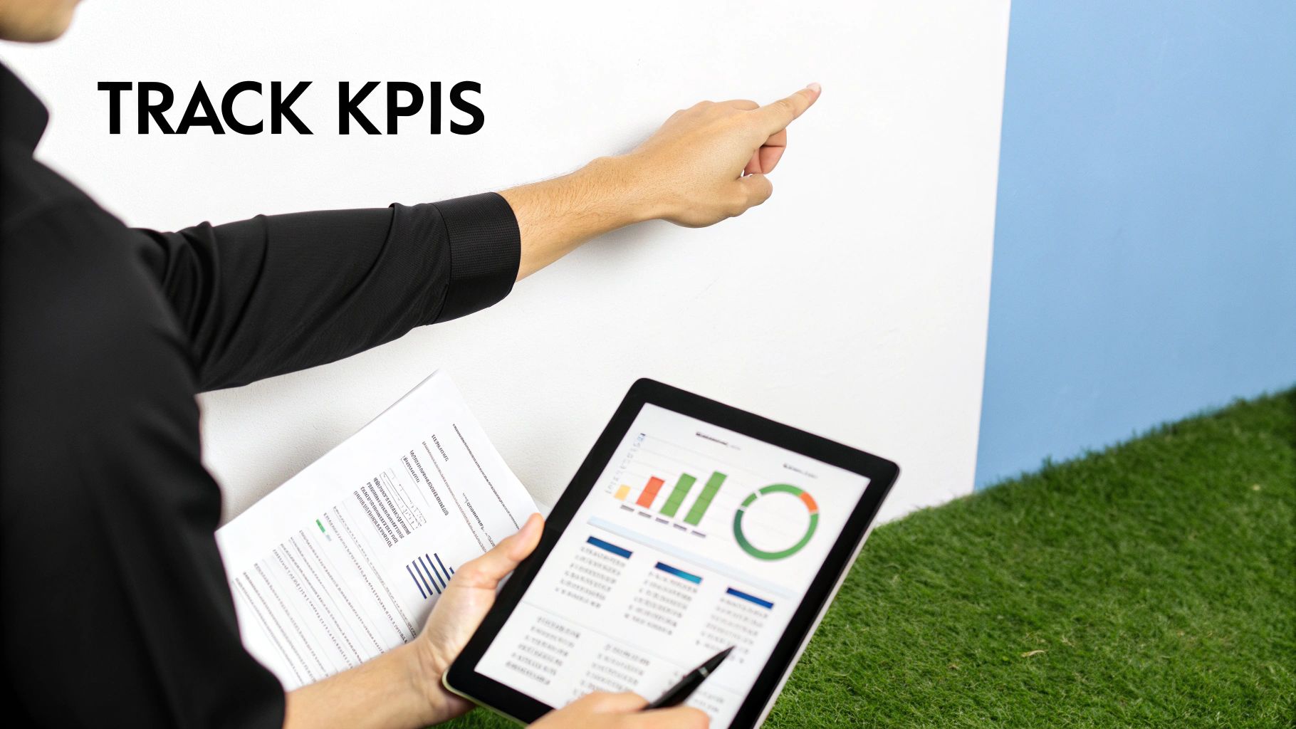 A person points to 'TRACK KPIS' on a whiteboard to track website traffic while holding a tablet displaying data and charts.