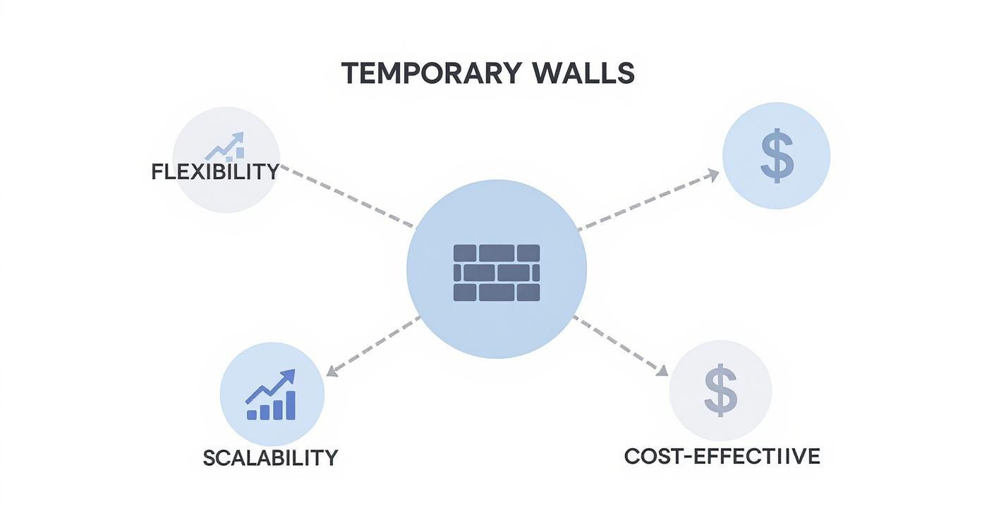 Infographic showing a central wall icon with radiating nodes for Flexibility, Scalability, and Cost-Effectiveness, each with a relevant icon.