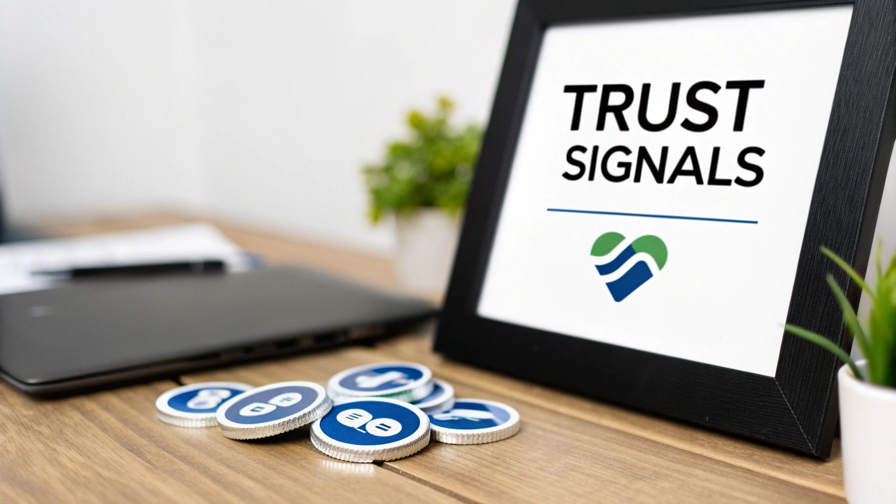 A framed sign on a wooden desk reads 'TRUST SIGNALS' with a heart logo, next to blue tokens and a laptop, illustrating a key part of landing page design best practices for building trust.