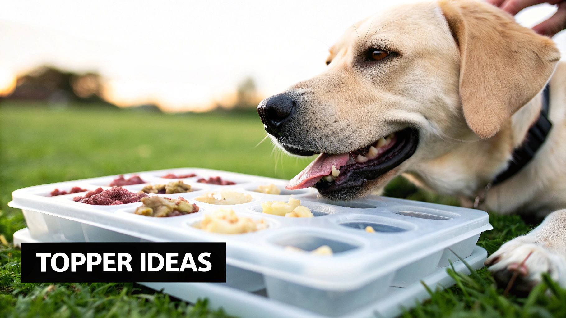 A happy yellow Labrador dog licking various food toppers from a white tray on green grass.