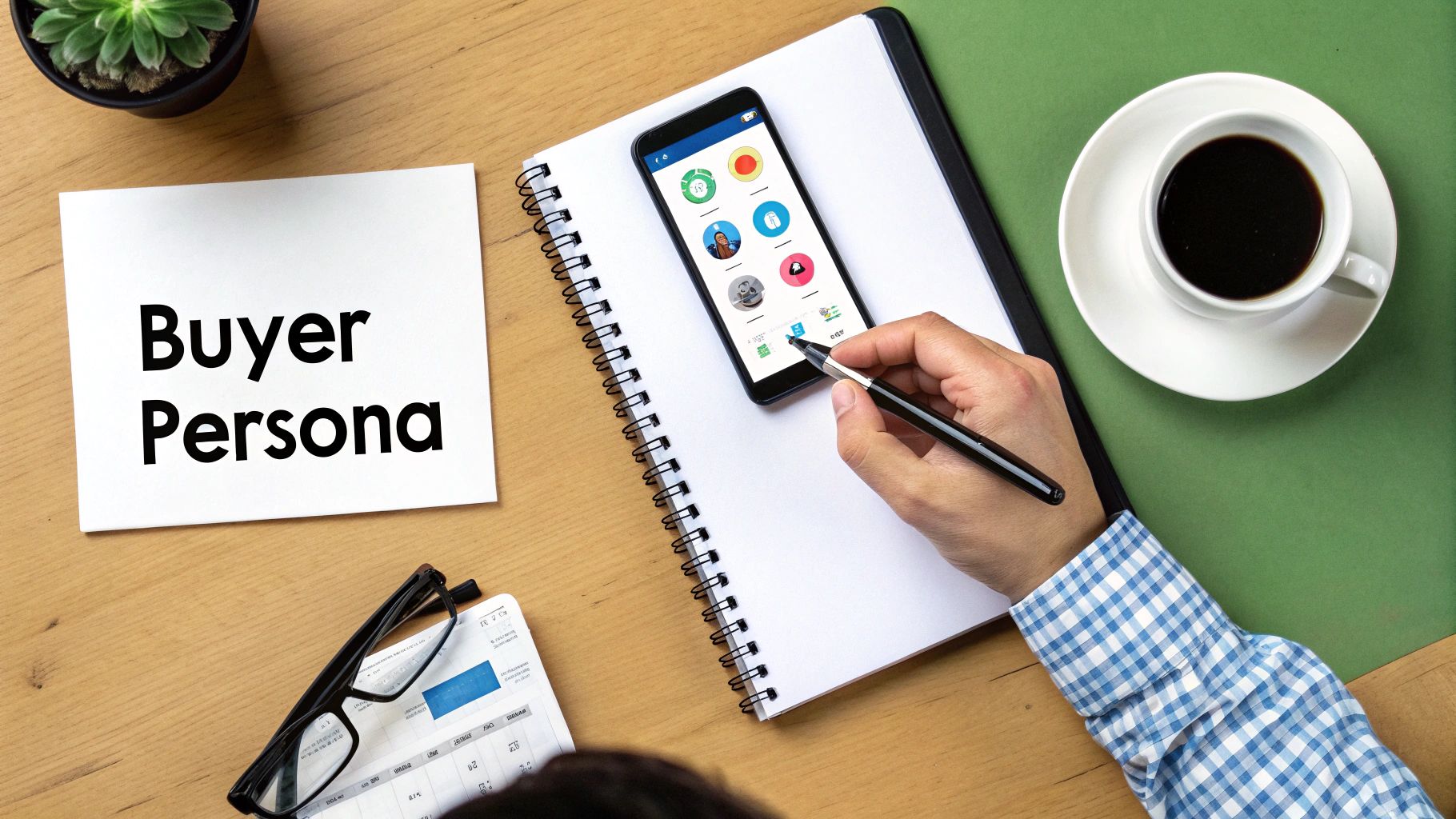 A hand interacts with a smartphone next to a 'Buyer Persona' note, coffee, and calculator, an important step when you create a digital marketing strategy.