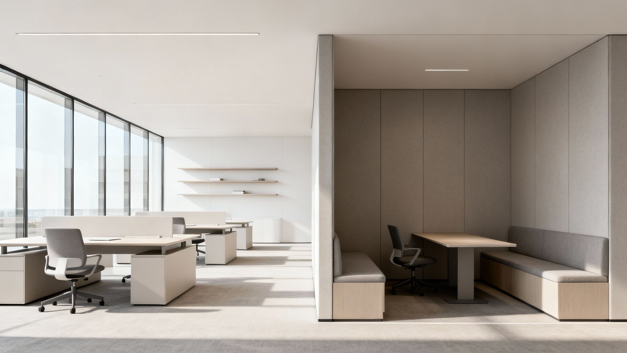 A modern, bright office interior showcasing the flexibility of modular glass and solid panel office walls.