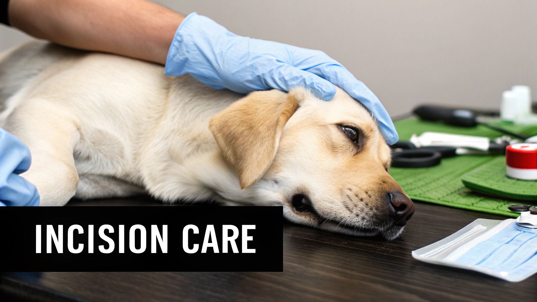 A veterinarian in blue gloves gently comforts a golden Labrador dog, emphasizing incision care.