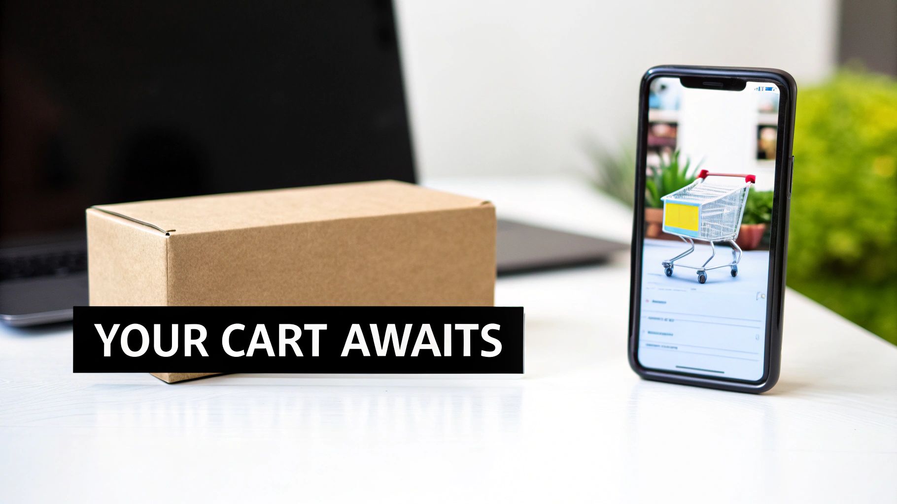 A smartphone displaying a simple abandoned cart email example with a shopping cart icon and product.