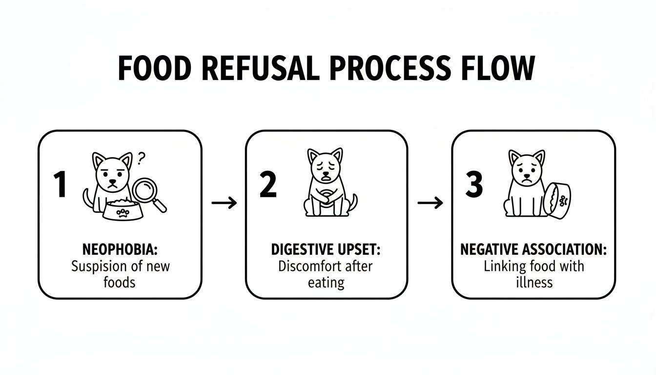 Flowchart illustrating the three-step food refusal process in dogs: neophobia, digestive upset, and negative association.