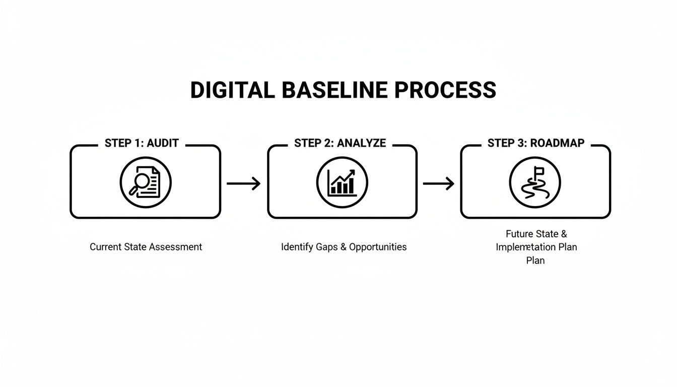 A flowchart illustrating the Digital Baseline Process with steps: Audit, Analyze, and Roadmap, a key process for showcasing proof of work to search engines.