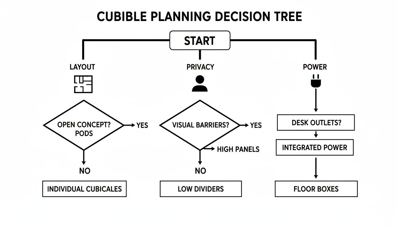 Flowchart illustrating cubicle planning decisions for layout, privacy, and power in a small office environment.