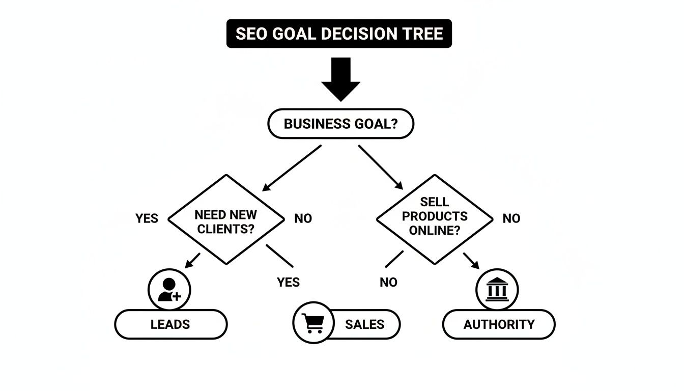 A decision tree flowchart for SEO goals, showing how to choose an SEO agency for leads, sales, or authority.