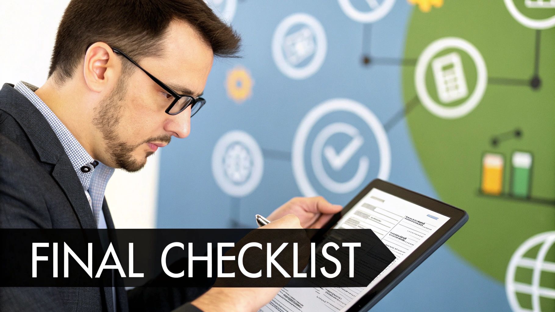 A pre-launch checklist on a tablet screen, symbolizing the quality assurance phase in website development project management.