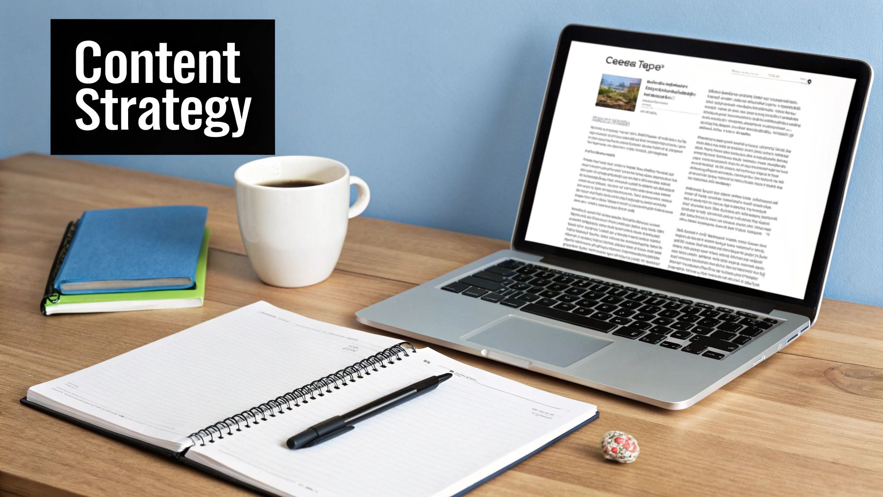 A well-organized desk setup with a laptop, notebooks, coffee, and a pen, illustrating content marketing strategies for small businesses.