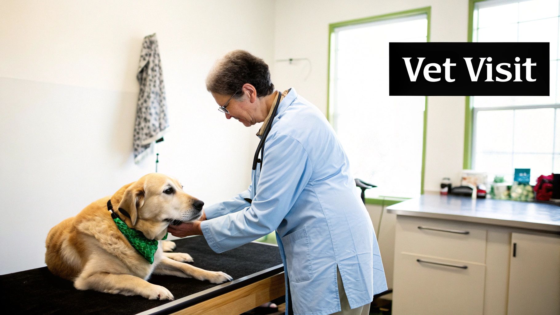 A veterinarian gently examines an older yellow labrador retriever on an exam table during a vet visit.