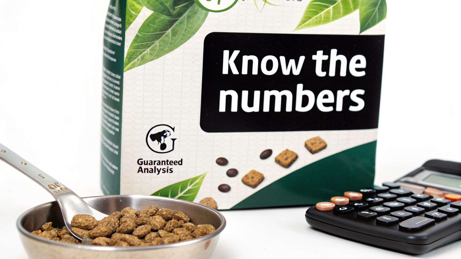 A close-up of a dog food label's guaranteed analysis section, showing percentages for crude protein, fat, fiber, and moisture.