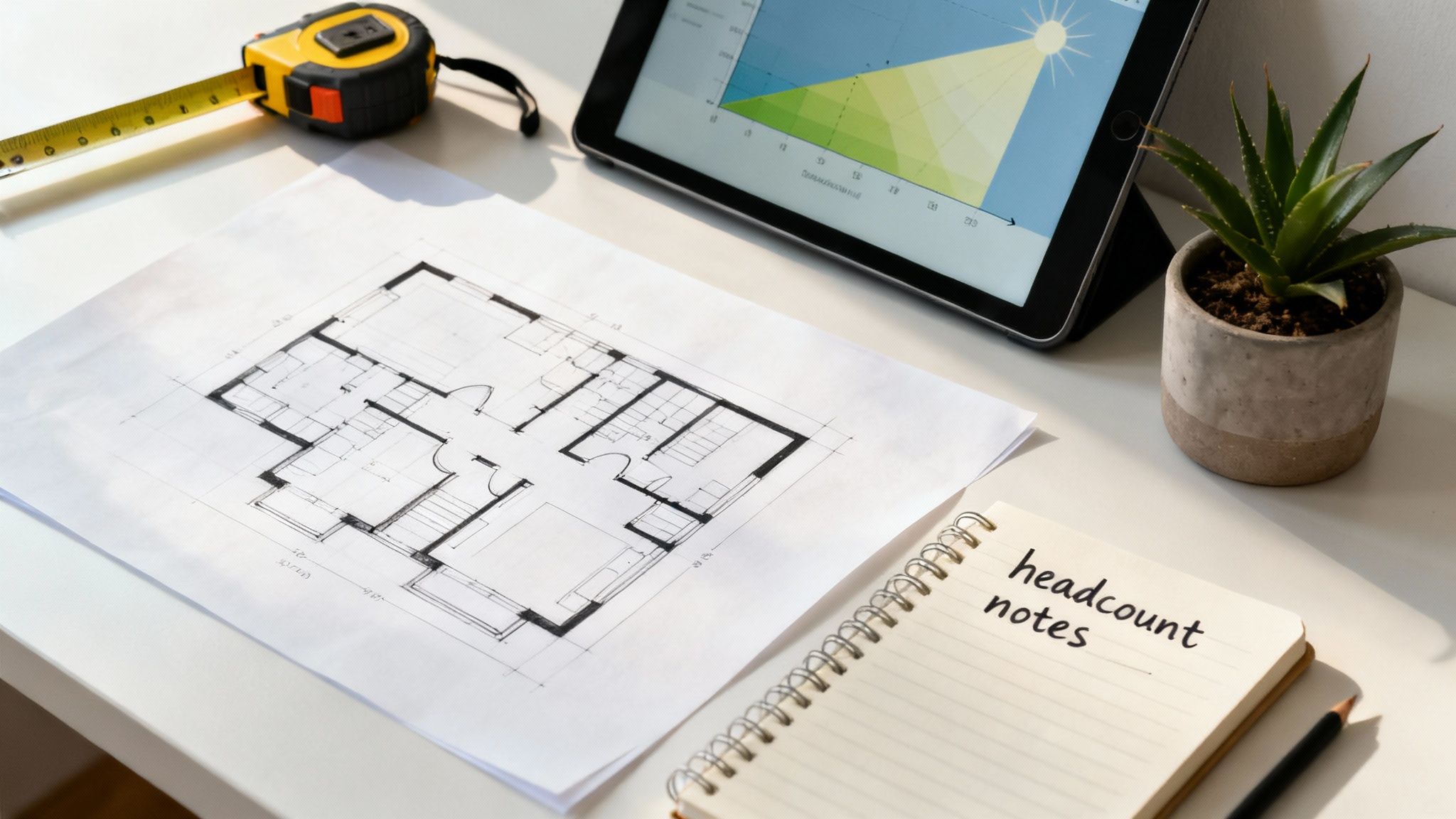 Architects reviewing office blueprints during the initial planning phase, focusing on office space planning and design.