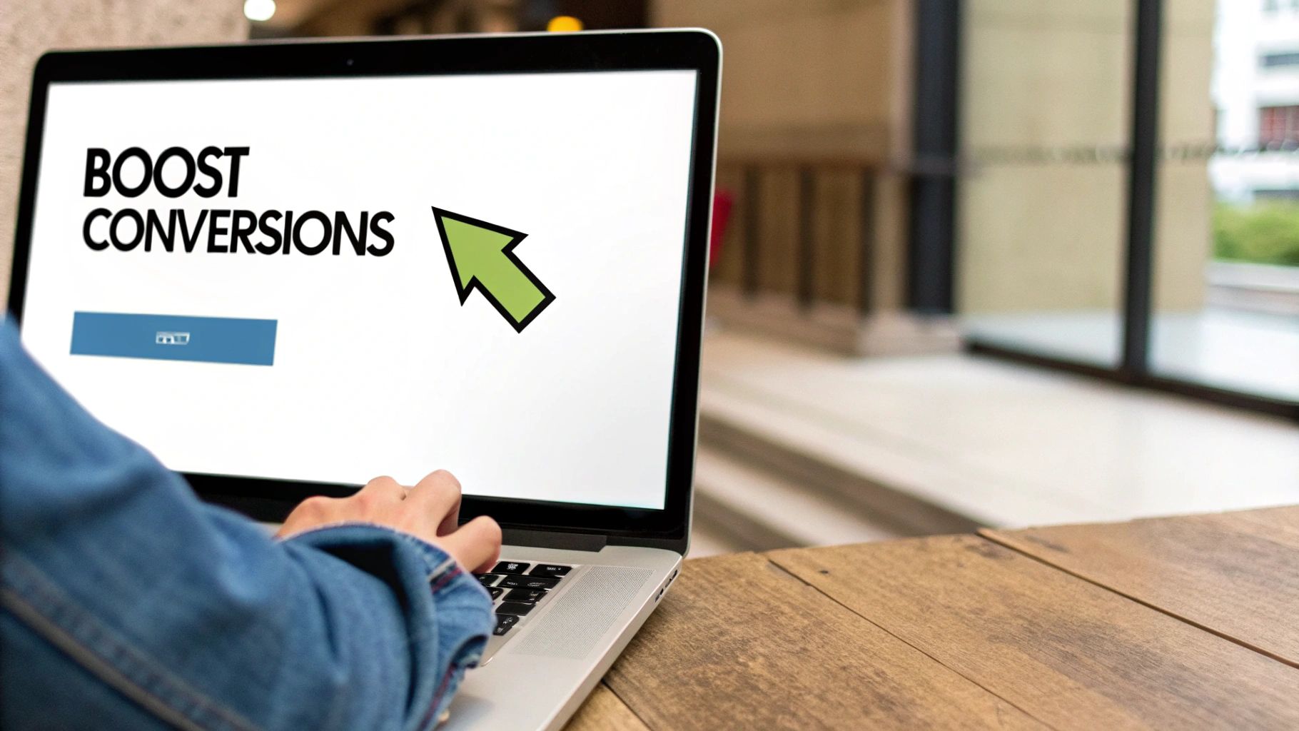 A person's hands are typing on a laptop that displays 'BOOST CONVERSIONS' text with a green mouse cursor, illustrating the goal of a CRO web audit checklist.