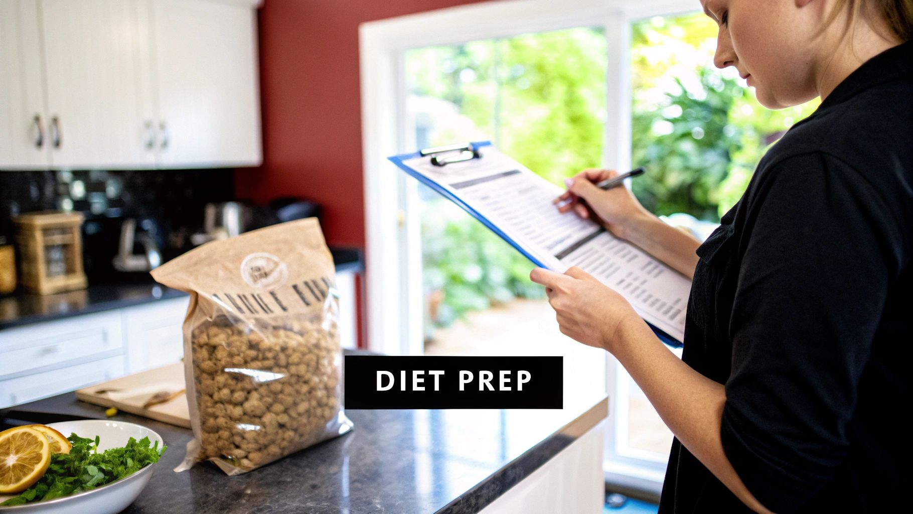 A person carefully measures out dry dog food from a large bag into a silver bowl for their dog.