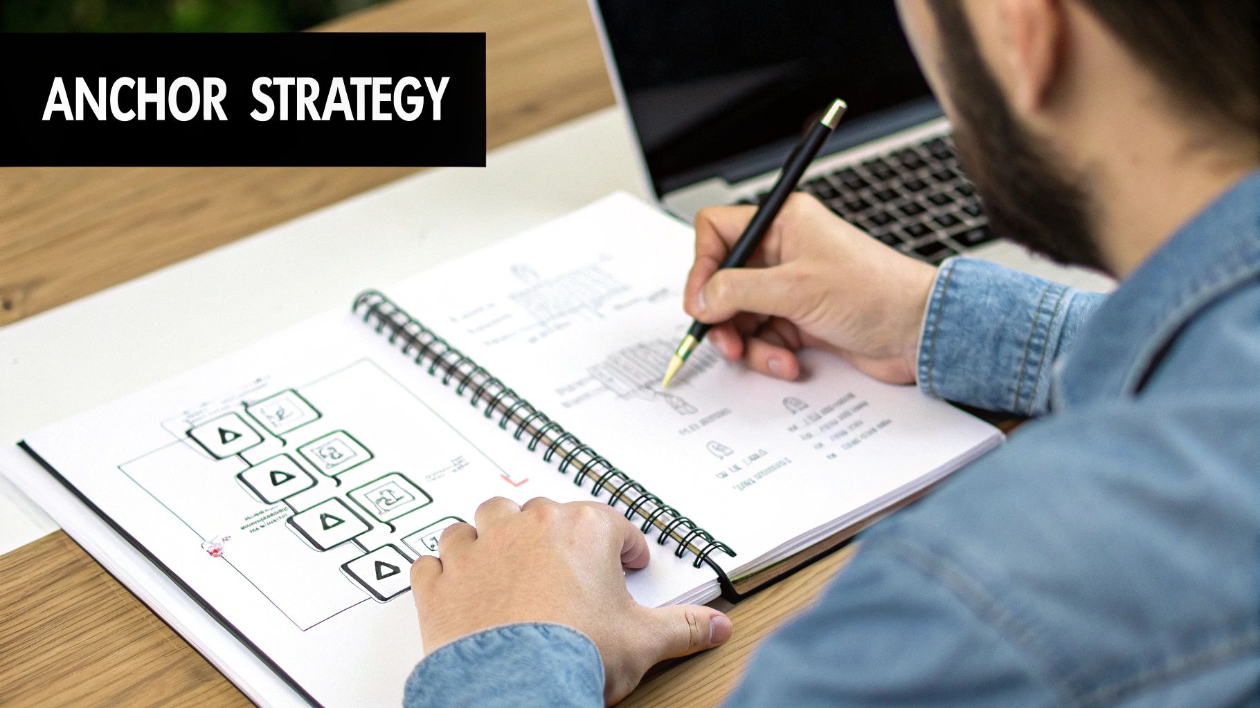 A person planning an anchor text strategy for SEO, drawing diagrams in a notebook with a laptop in the background.