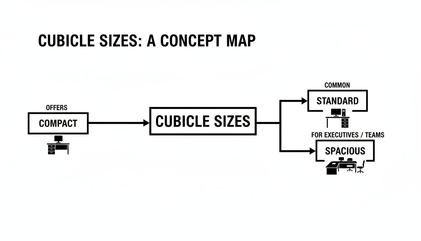 A concept map illustrating different cubicle sizes: compact, standard, and spacious options from Cubicle By Design.