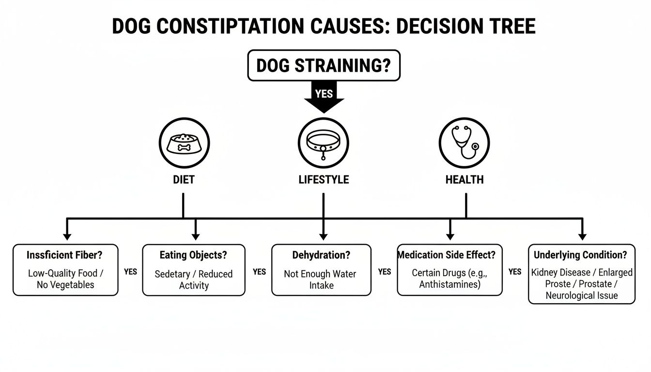 Decision tree diagram illustrating various causes of dog constipation, categorized by diet, lifestyle, and health.