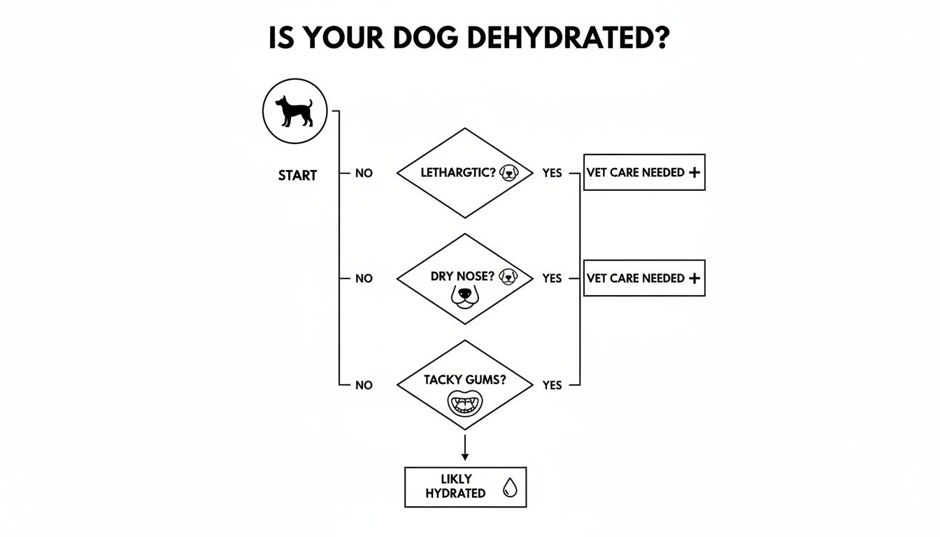 A flowchart illustrates how to check for dog dehydration, asking about lethargy, dry nose, and tacky gums.
