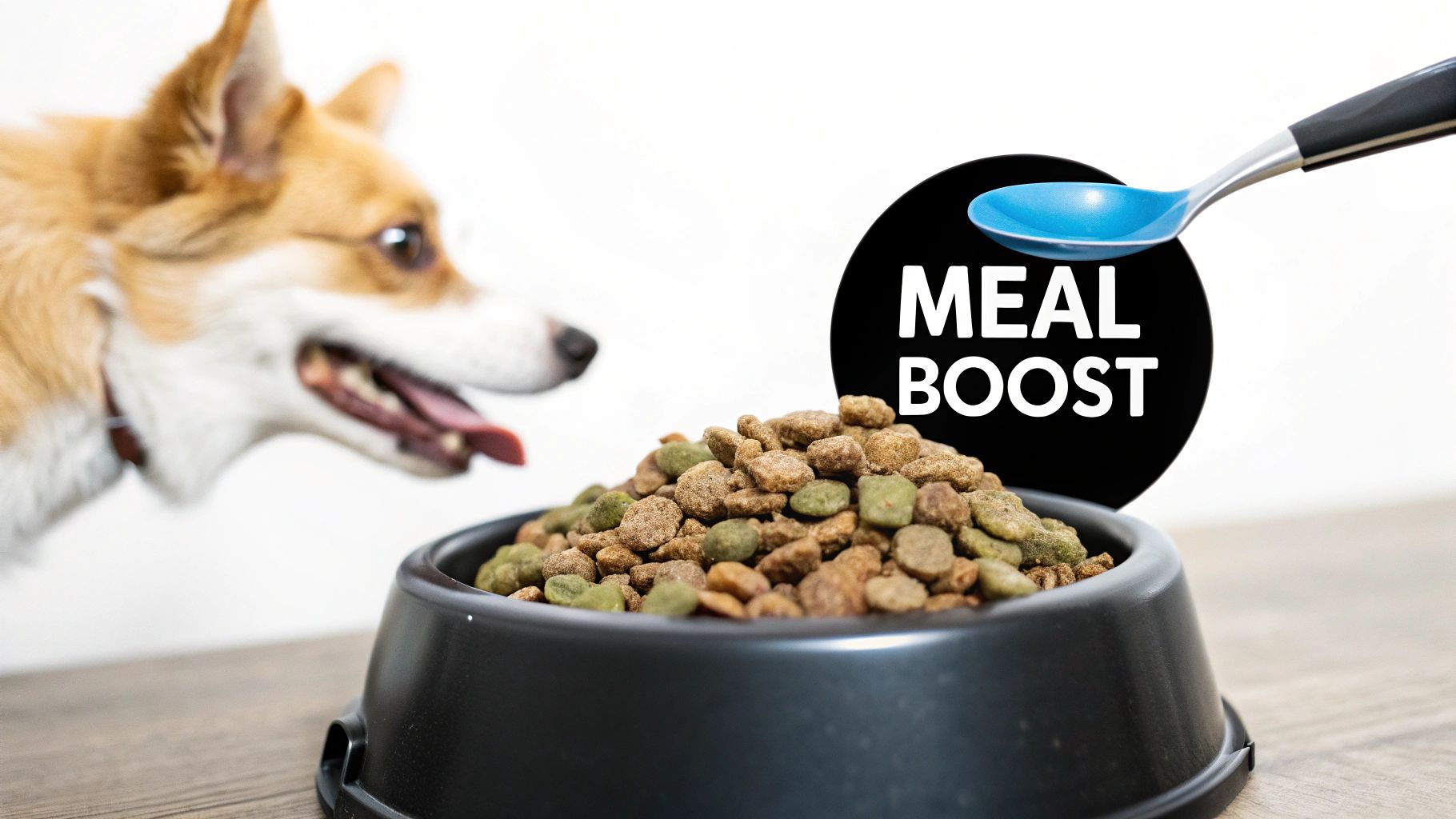 A happy dog looks excitedly at a bowl of kibble, as a spoon adds a 'Meal Boost' with a ChowPow label on it.