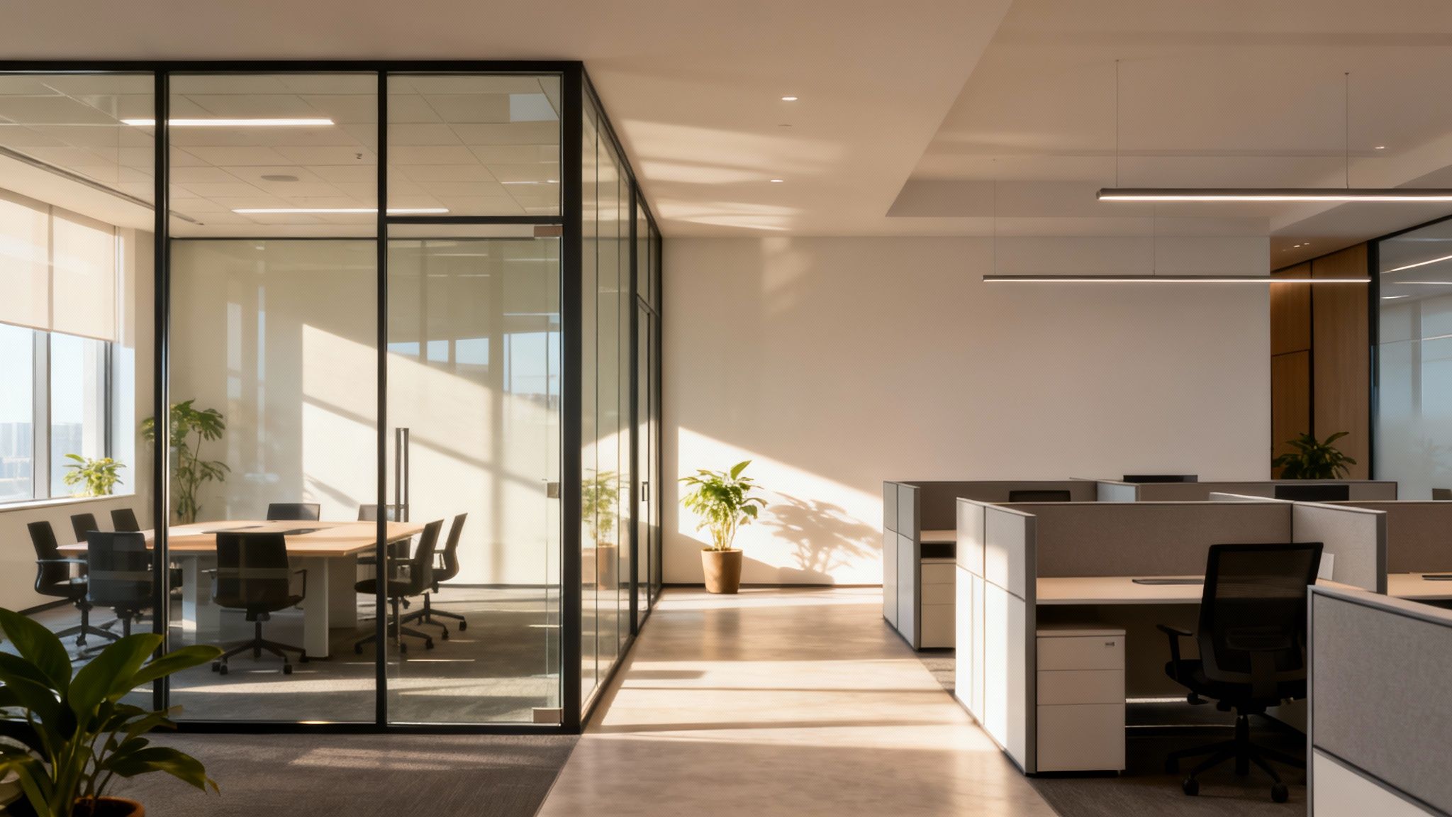 Modern office interior featuring bright office glass partition walls, a meeting room, and workstation cubicles.
