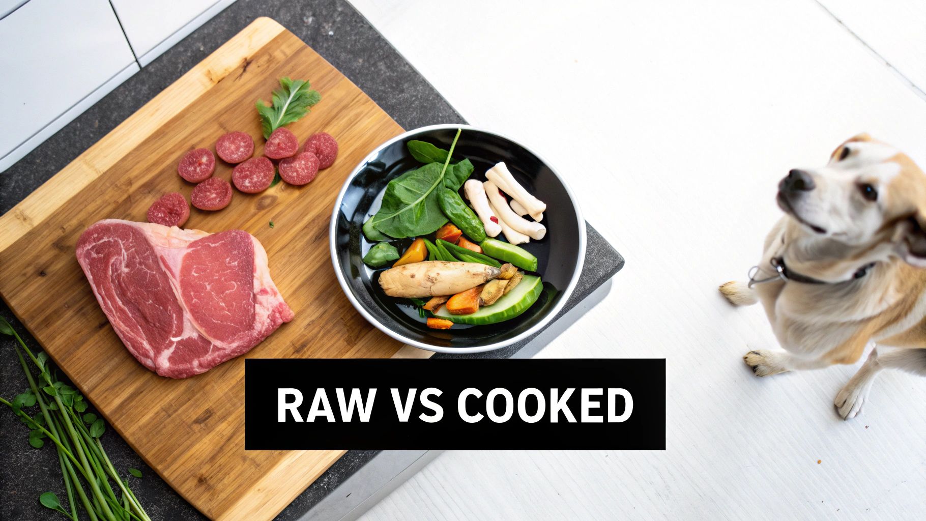 A high-angle shot showing raw meat, treats, and a bowl of vegetables, with a dog looking up and text 'RAW VS COOKED'.