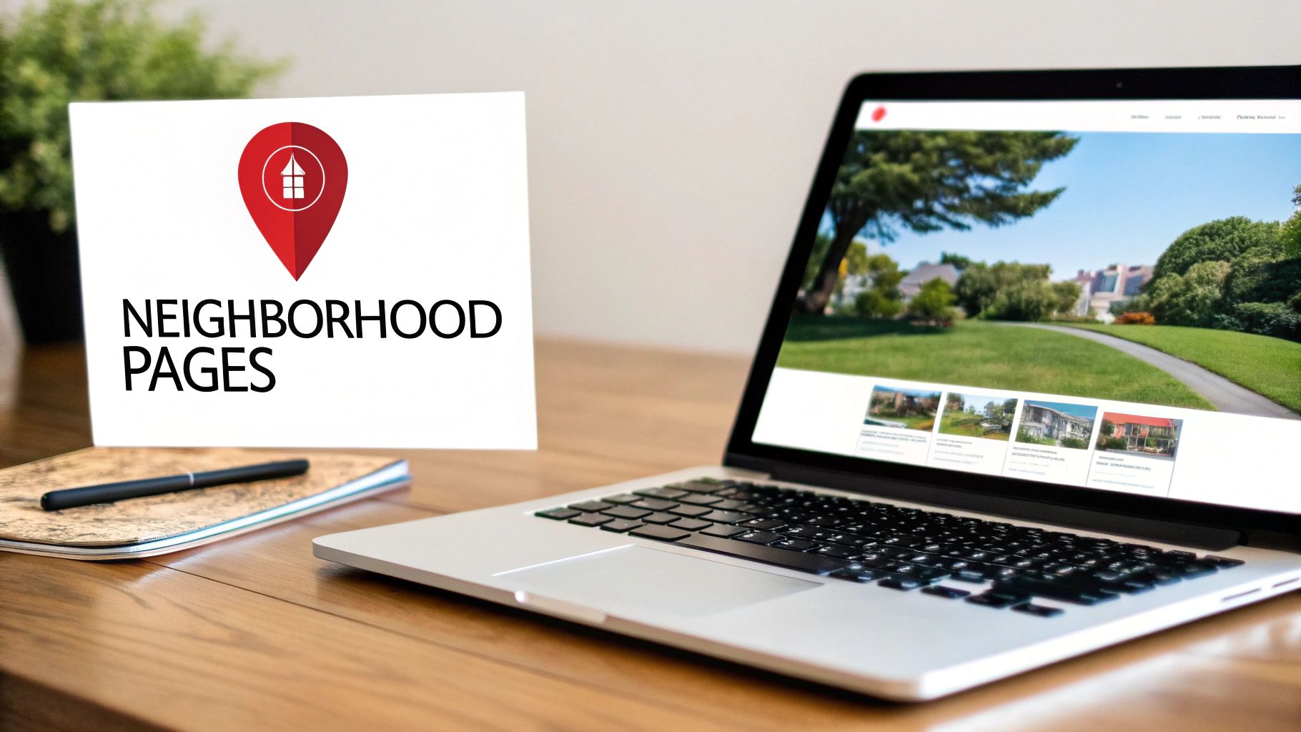 A laptop displays neighborhood information and homes, beside a sign for 'Neighborhood Pages' and a notebook, showcasing hyperlocal content strategy.