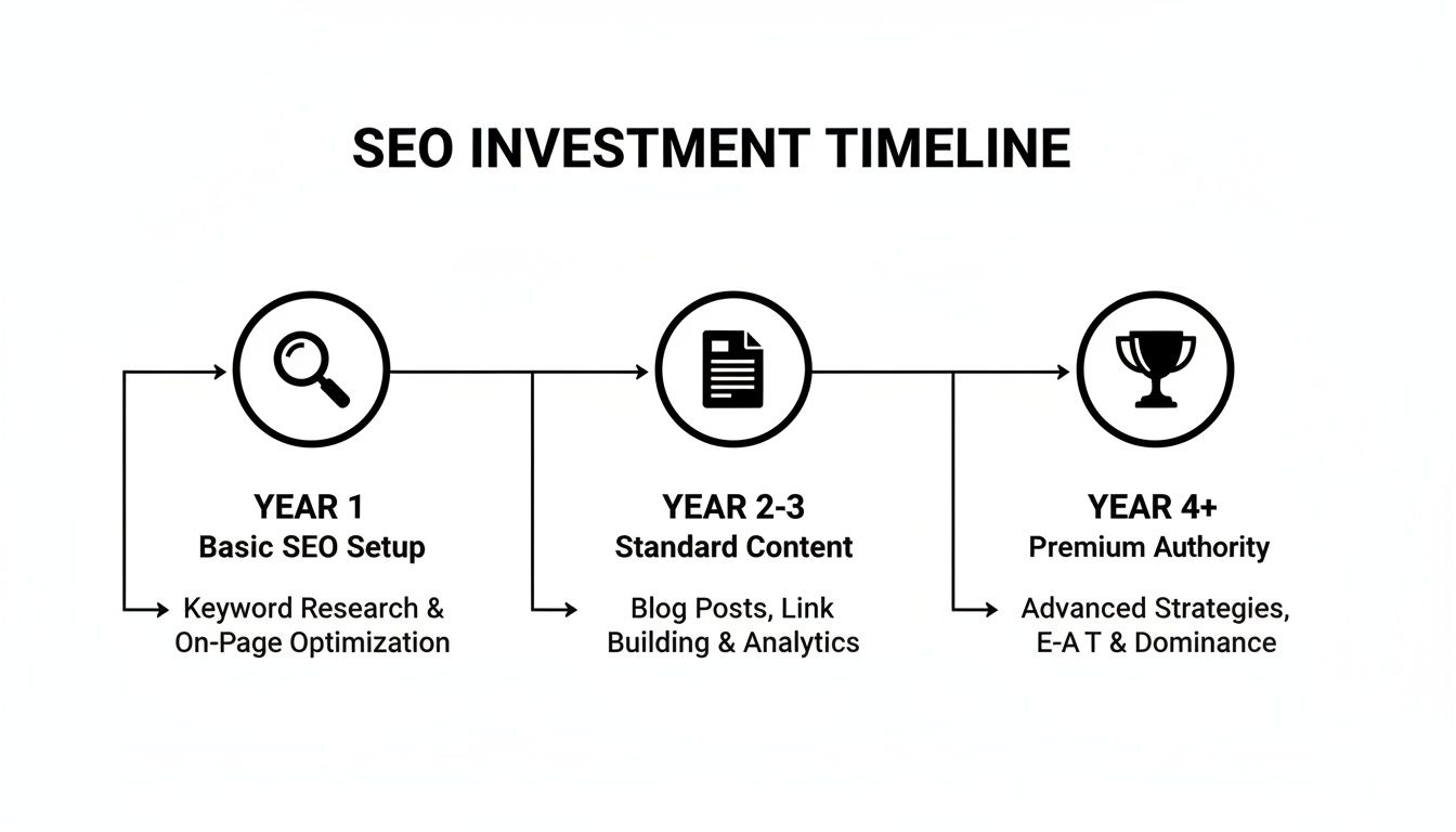 An SEO timeline showing the investment stages when working with an SEO company for coaches.