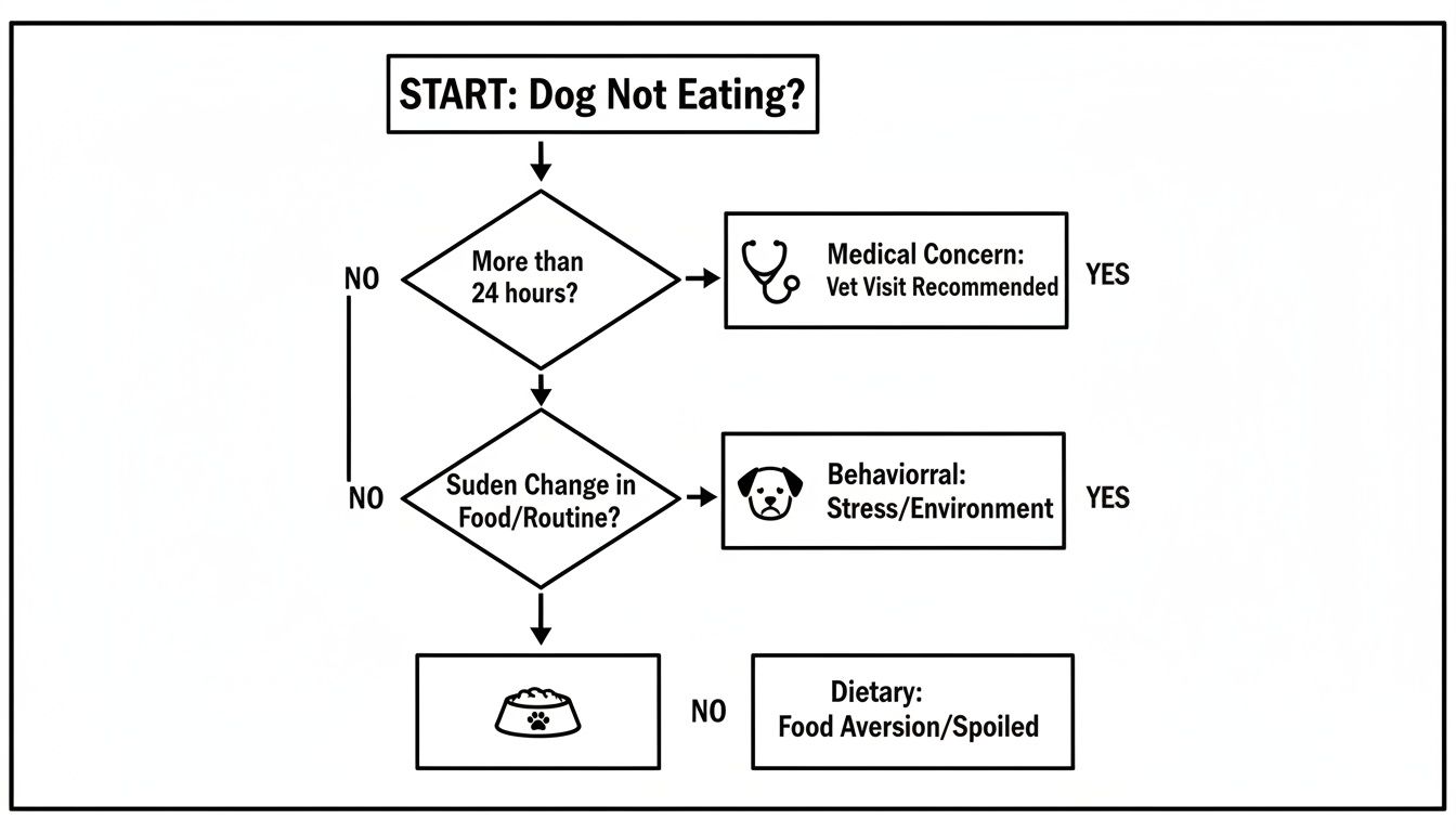 Flowchart guiding dog owners through reasons a dog might not be eating, from medical to dietary.