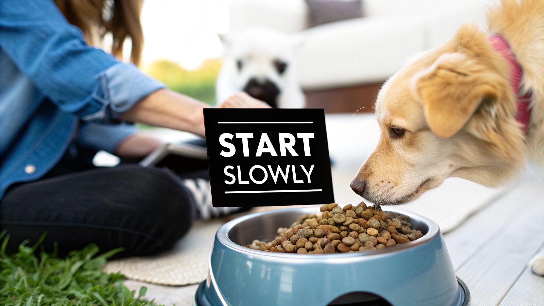 A golden dog sniffs a blue bowl of kibble as a person holds a 'START SLOWLY' sign.