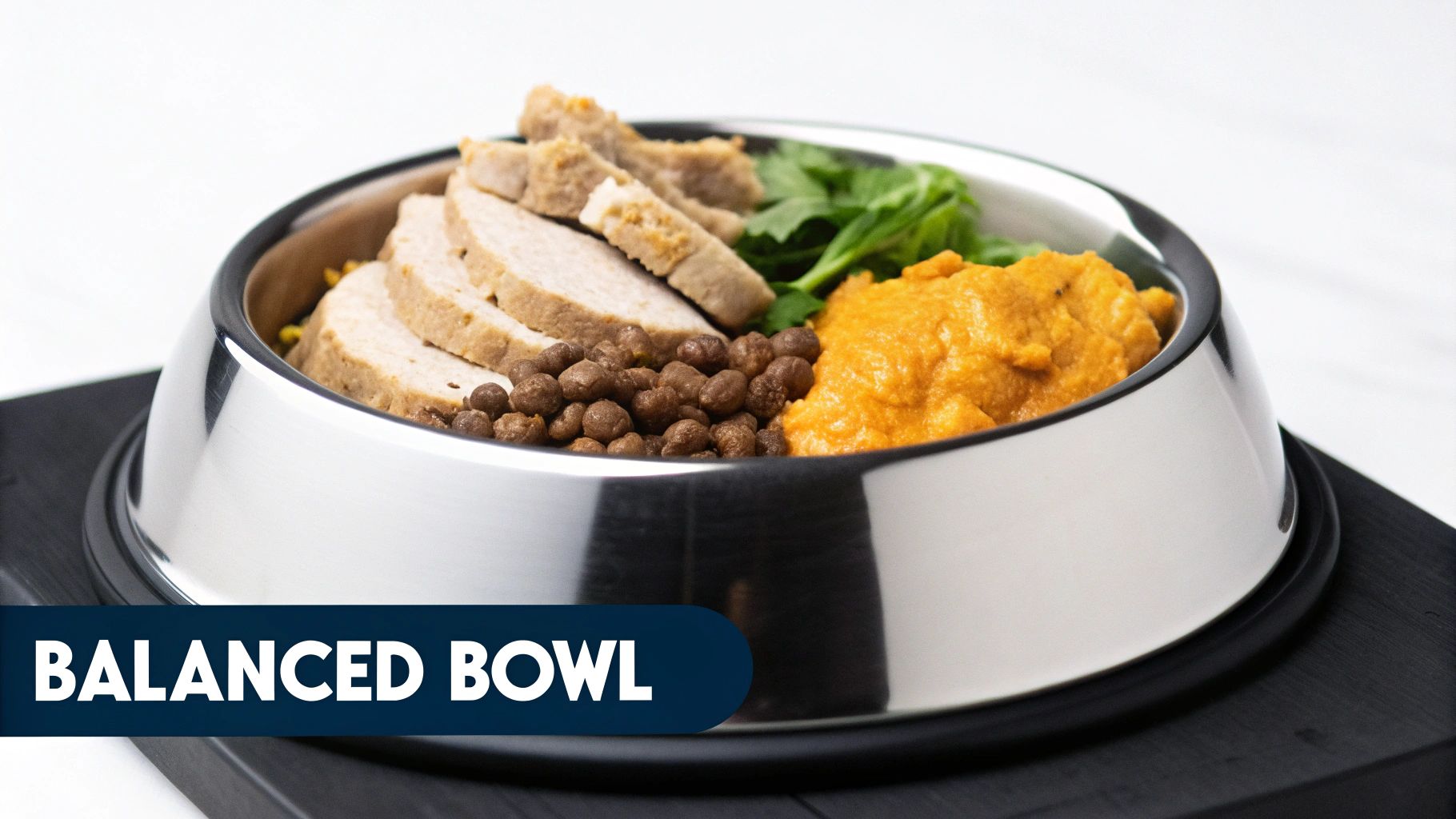 A stainless steel dog bowl filled with sliced chicken, kibble, sweet potato puree, and greens.