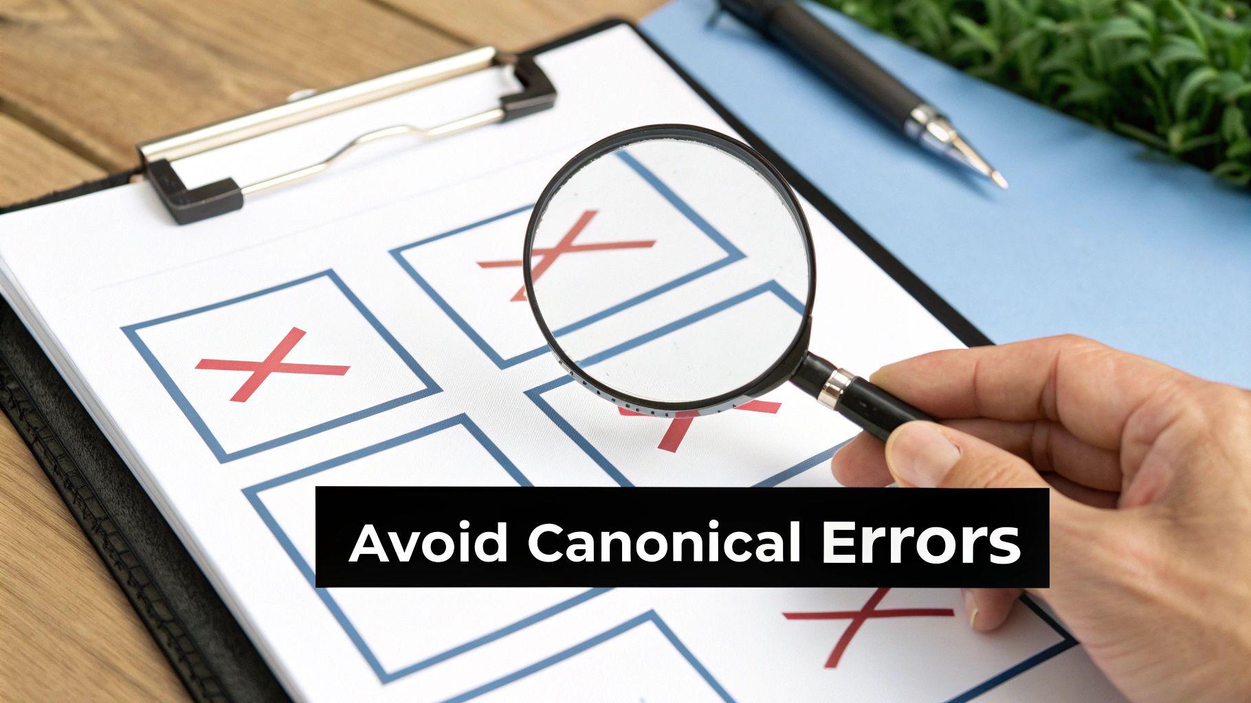 A hand with a magnifying glass over a grid with red X's, text reads 'Avoid Canonical Errors'.