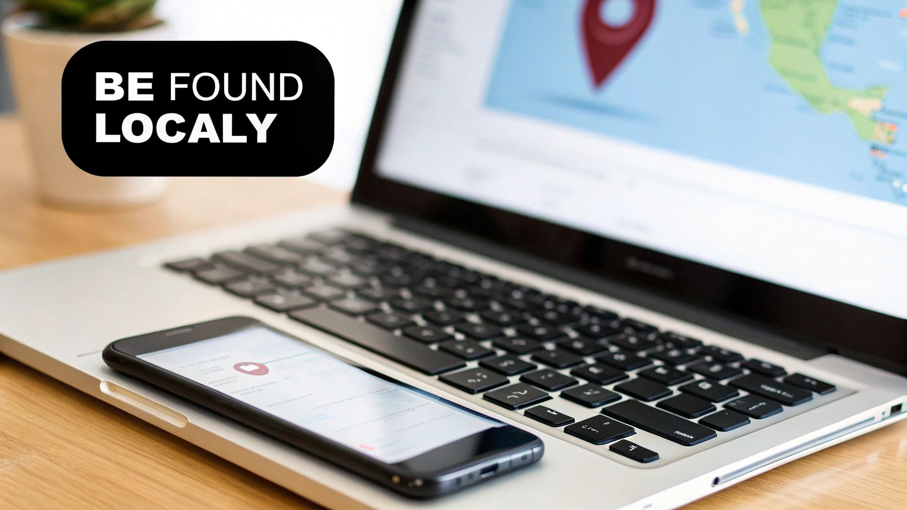 A laptop displaying a map with a location pin, a smartphone, and a speech bubble with 'BE FOUND LOCALLY' for local search. Alt text: Laptop and phone showing a map for local SEO in inbound marketing for professional services.