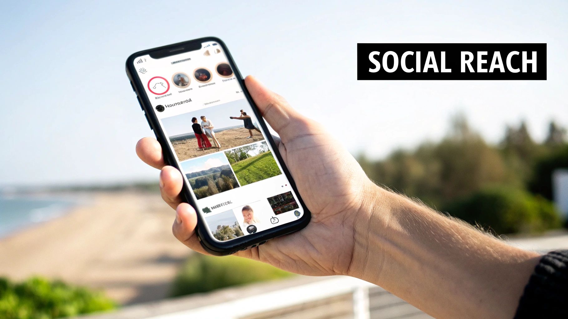 A hand holds a smartphone displaying a social media feed with the text 'SOCIAL REACH', representing social media marketing strategies for small businesses.