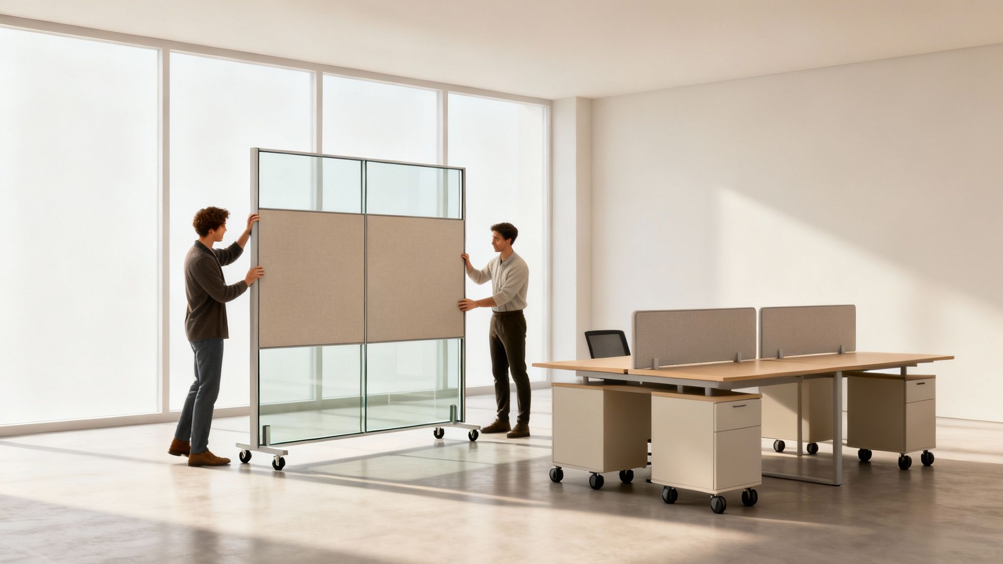 Two men setting up a modular office partition wall in a modern, sunlit office space for a new floor plan.