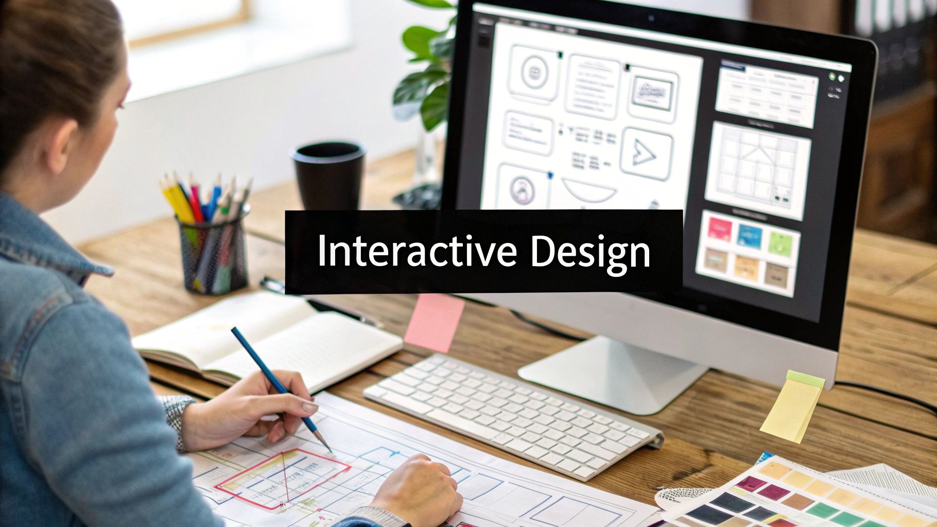 Designers and developers collaborating on wireframes and mockups, a key step in website development project management.